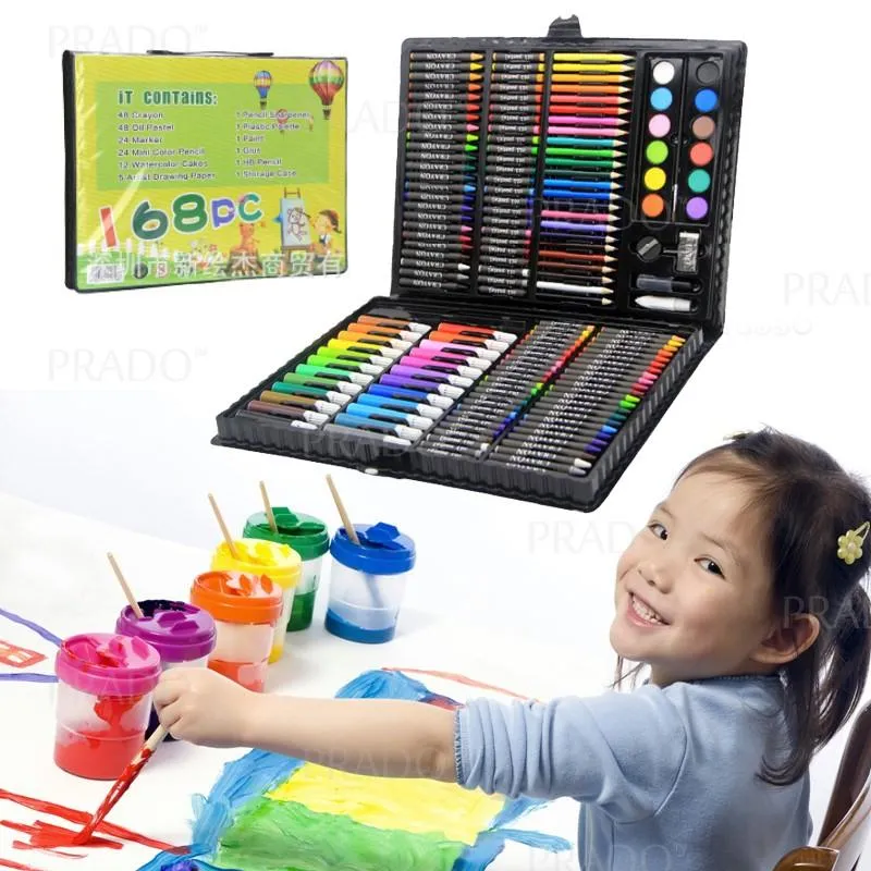 208pcs Kids Drawing Set Water-Based Drawing Set Colored Pencils Oil Pastels  Watercolor Paints Portable Art Box For Children Gift school gift -pink