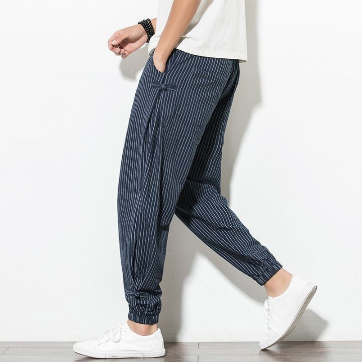 cod-mens-spring-and-summer-thin-breathable-linen-vertical-stripes-trousers-loose-plus-size-harem