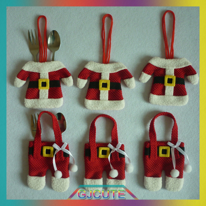 gjcute-6x-santa-suit-ผู้ถือช้อนส้อมคริสต์มาสบนโต๊ะอาหารเครื่องเงินกระเป๋าตกแต่ง