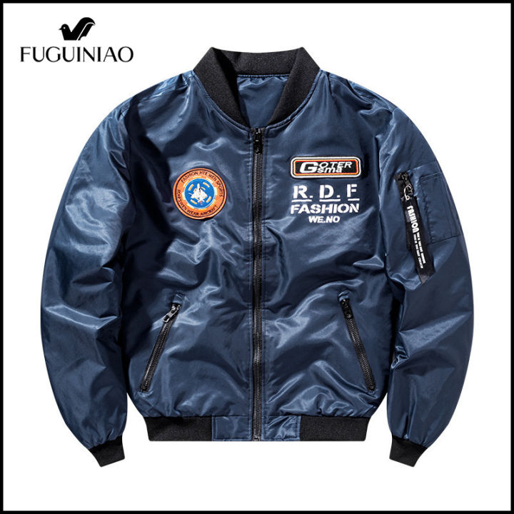 fuguiniao-แจ็คเก็ตมอเตอร์ไซค์ชาย-แจ็คเก็ตเสื้อแจ็กเก็ตนักบินย้อนยุค-jaket-baseball-ฟอกใหม่