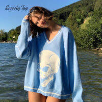 SweetyTop Skull Print V-Neck Sweater