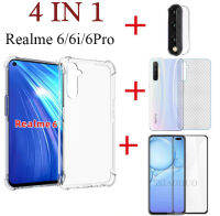 (4in1) สำหรับ Realme 6 6i 6Pro 5 5i Pro ป้องกันการล่มสลายกรณีโทรศัพท์โปร่งใส + HD ฟิล์มกระจกนิรภัยแบบเต็มหน้าจอ + คาร์บอนไฟเบอร์กลับฟิล์ม + เลนส์ฟิล์ม