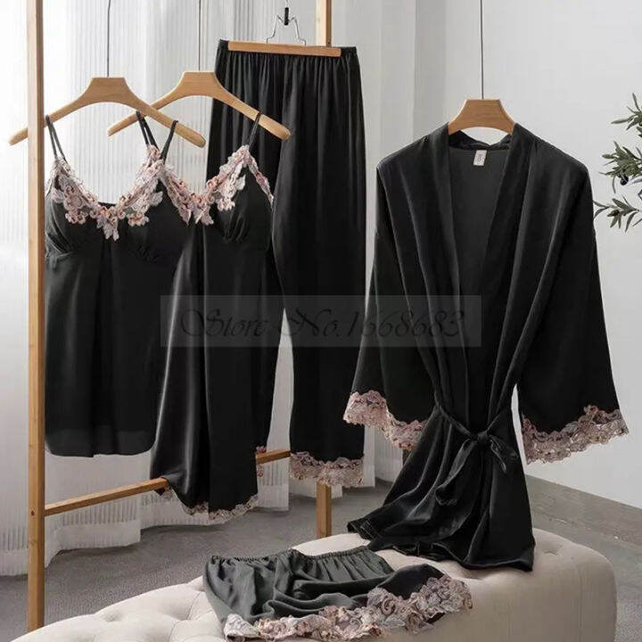 ฤดูใบไม้ผลิฤดูร้อน5ชิ้นชุดนอนชุดเซ็กซี่ลูกไม้ตัดเสื้อคลุมอาบน้ำ-nightgown-หญิงซาติน-cami-pijamas-สูทหลวมบ้านเสื้อผ้าเลานจ์สวมใส่