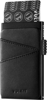VULKIT Pop up Wallet Credit Card Holder with Extra Leather Slots RFID Blocking Slim Metal Card Case for Men or Women(Black)