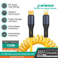FELESS สายเคเบิลข้อมูลสปริงสีเหลือง 120W PD 27W ชาร์จเร็ว Carplay Type-c/Lightning/Micro USB สำหรับ Android/Apple/XIAOMI/HUAWEI/VIVO