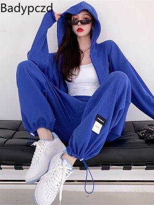Badypczd Woman Sports Suits Waffle Casual Hooded Zipper Coat Loose Wide Leg Joggers Pants Korean Two Piece Sets Female Outfits