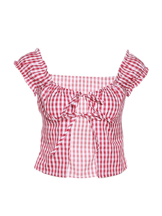 เสื้อกั๊กแบบสั้นเสื้อฤดูร้อนอกพิมพ์ลายสก๊อตสำหรับผู้หญิงเสื้อครอปสำหรับผู้หญิง