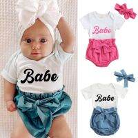 Lovely Summer Baby Girls Boys Casual Clothes Sets 0-24M Letter Short Sleeve Cotton Romper+Bowknot Shorts+Headband 3pcs Outfits  by Hs2023