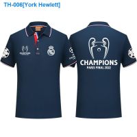 ﹍✵ York Hewlett Real Madrid in the champions league title 14 champions league benzema memorial soccer uniform custom business suit lapel with short sleeves Polo spring