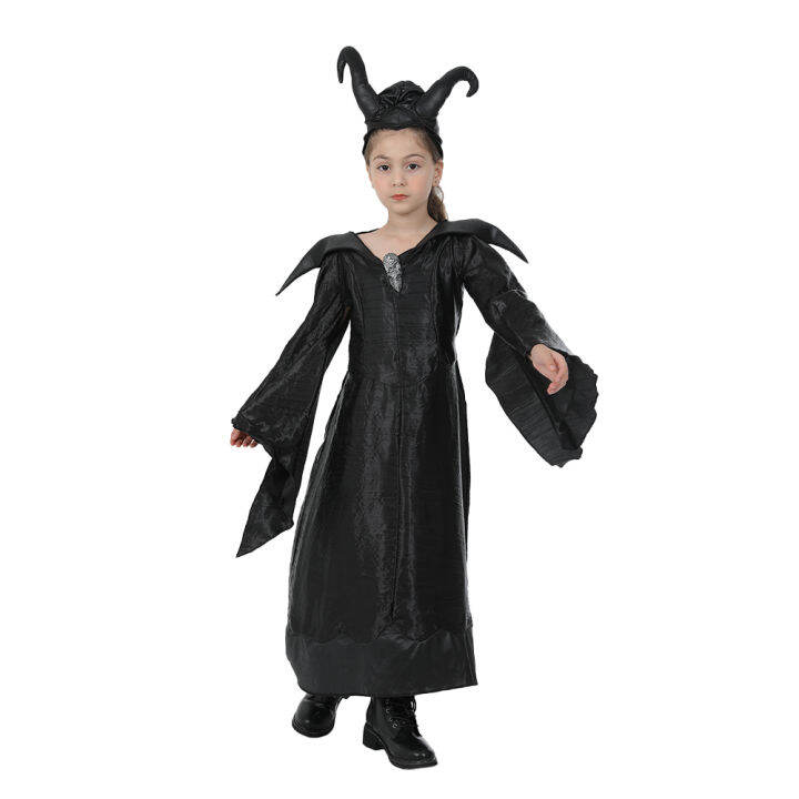 ภาพยนตร์-maleficent-สาว-ๆชุดคอสเพลย์ฮาโลวีนเด็กชุดราชินีสีดำพร้อมแตร