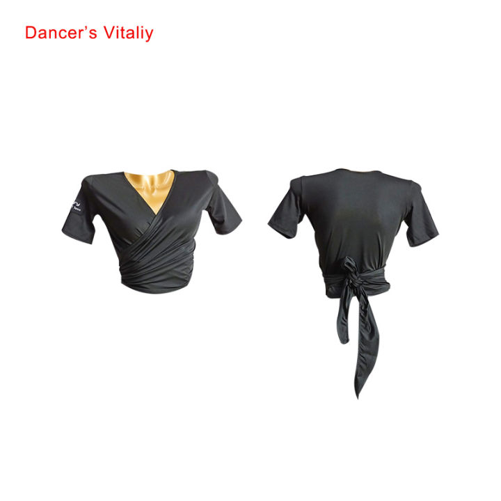 latin-dance-female-adult-elegant-short-sleeved-lace-up-practice-clothes-new-milk-shreds-two-wear-dancewear-performance-shirt