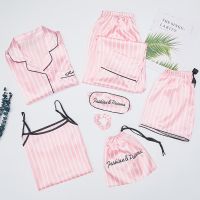 Autumn Spring 7 Pieces Set Silk Elegant Women Pajamas stripe Shorts Long Sleeve Tops Elastic Waist Pants Full Lounge Sleepwear