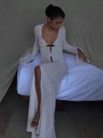 Simon Summer Beach Holiday Knitted Maxi Dress Outfits for Women Party Club Long Sleeve See Through Dresses Hollow Out