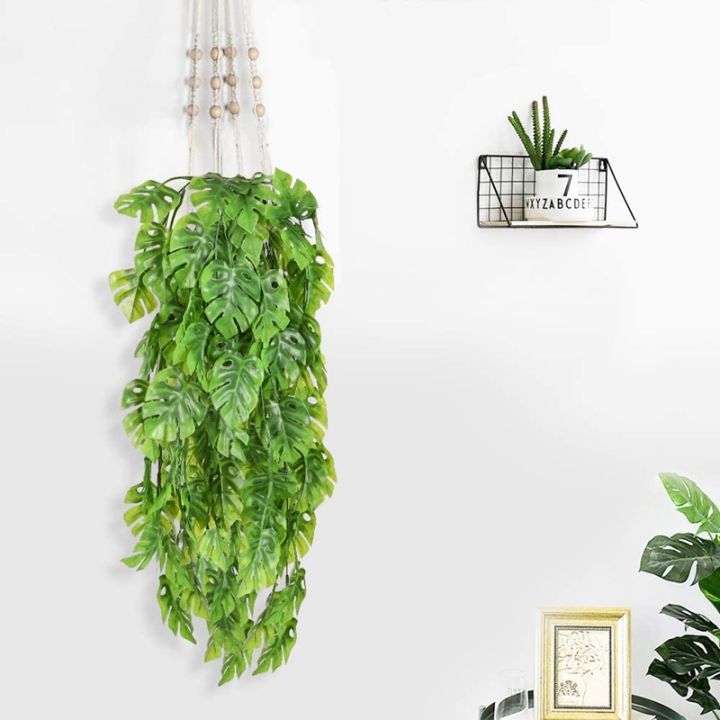 2-pcs-artificial-hanging-plants-fake-vine-fake-hanging-rattan-monstera-leaves-greeny-outdoor-uv-resistant-plants-greeny