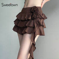 Sweetown สีน้ำตาลฉัตร Ruffles วันหยุดฤดูร้อนกระโปรงสตรีซิปด้านข้างผูกดอกไม้ T Assels เอวต่ำ Fairycore Y2K กระโปรงมินิ