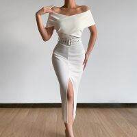 ผู้หญิงที่สง่างามปิดไหล่แยกสีขาว Bodycon ปาร์ตี้ Mi ชุด2022ฤดูร้อนตอนเย็นชุดสีขาวกับเข็มขัด