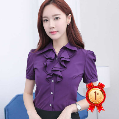 เสื้อชีฟองสำหรับผู้หญิงเสื้อสีม่วงสำนักงานแฟชั่นสไตล์เกาหลีฤดูร้อนแขนสั้นเสื้อบางใหม่