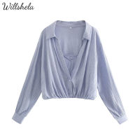 Willshela แฟชั่นสำหรับผู้หญิงเสื้อเสื้อสตรีผ้าฝ้ายคอวีแขนยาวสำหรับผู้หญิง,เสื้อเสื้อคลุมแบบนักธุรกิจลำลองสีฟ้าล้วน