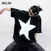 MOLAN แขนสั้น เสื้อเชิ้ตชายเสื้อแขนสั้นเสื้อเชิ้ตสำหรับทั้งสองเพศบานเสื้อโค้ทลายรูปดาวสไตล์ฮิปฮอปเชิ้ตคู่รักหล่อสไตล์หลวม