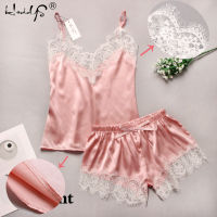 Womens Sleepwear Sexy Satin Pajama Set White Lace V-Neck Pyjamas Sleeveless Cute Cami Top and Shorts