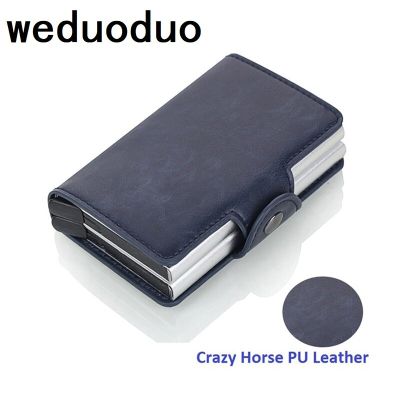 2021 New Men Business Credit Card Holder Crazy Horse PU Leather Card Holder Metal RFID Double Aluminium Box Travel Card Wallet Card Holders