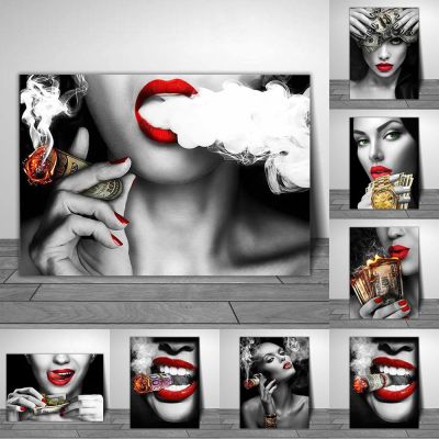 Sexy Woman Red Lips Wall Art Poster Smoking Burning Money Mural Home Decor Picture Print Canvas Painting Living Room Decoration