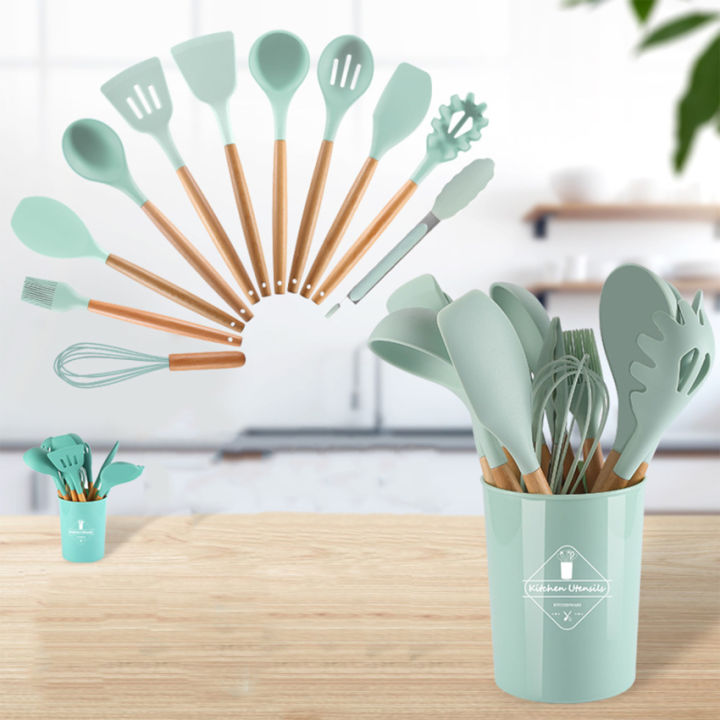 12Pcs/Set Wooden Handle Silicone Kitchen Utensils With Storage Bucket High  Temperature Resistant And Non Stick Pot Spatula Spoon