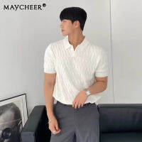 MAYCHEER   เสื้อถักแบบลำลองตรงครึ่งความสูงเสื้อกันหนาวมีซิปแขนสั้นสำหรับผู้ชายในช่วงฤดูร้อนเสื้อโปโล