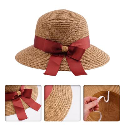 หมวกบังแดดผู้หญิงหมวกชายหาดฤดูร้อนลำลองผู้หญิงผู้หญิงปีกผูกโบว์แบนหมวกฟางเด็กผู้หญิง H3V5