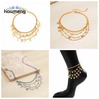 HOUMENG โซ่อัลลอยด์แบบเรียบดาว Anklets โลหะหลายชั้นมีพู่ประดับเลื่อมรองเท้าโบฮีเมียนเรียบ