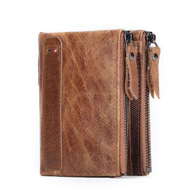 ZZOOI RFID Mens Zipper Wallet Vintage Genuine Leather Wallet for Women Coin Purse Credit Card Holder Money Bags Wallet