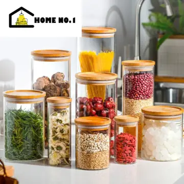 1pc Round Glass Airtight Jar, Seasoning Jars with Bamboo Lids and Spoon,  Food Storage Containers for Sugar Coffee Nuts, Glass Kitchen Canisters for  Flour, Cookies, Candy, Matcha Tea, Nuts and Spice Jars