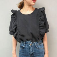 Woman Blouse Short Sleeve Ruffle Shirt Korean Japan Retro Round Neck Solid Slim T-Shirt Elegant Chic Vintage Casual Roupas Tops