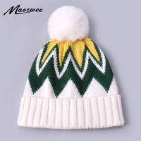 【cw】 AutumnWool Beanie Hat With Faux Fur Pompon Outdoor Thick WarmHat FashionKnitted Soft Silk Bonnet Caps