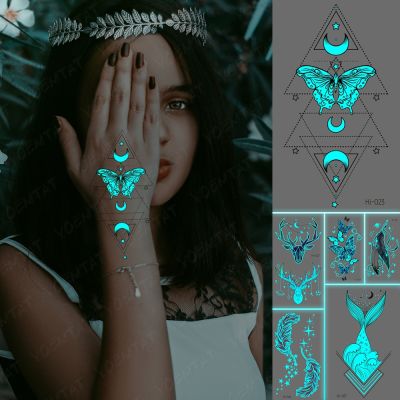 【YF】 Blue Luminous Glow Waterproof Temporary Tattoo Sticker Butterfly Moon Linear Geometric Triangle Kids Flash Tattoos Body Art