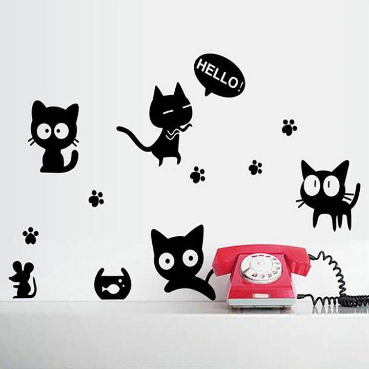 cod-fashion-creative-wall-stickers-new-cartoon-childrens-room-bedroom-black-cat-ay6055-kitten