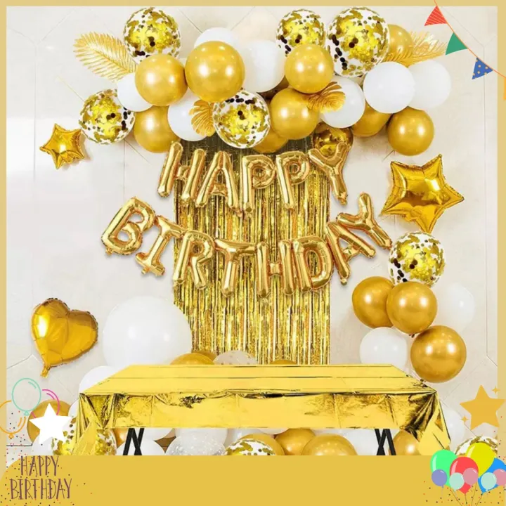 Paket Dekorasi Balon Happy Birthday Gold Backdrop/ metalik/ Confetti