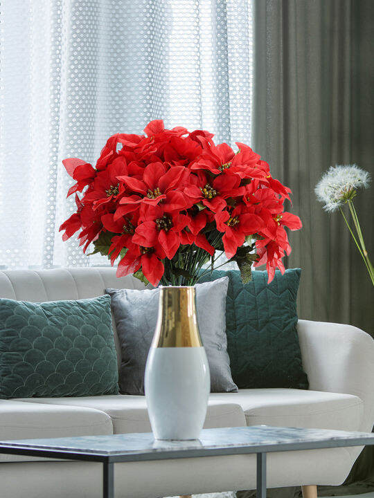 poinsettia-ช่อดอกไม้ตกแต่งจำลองใบดอกไม้ผ้าไหม-โฟมพลาสติกลวดสีแดงสำหรับในร่มกลางแจ้งเครื่องประดับต้นคริสต์มาสของตกแต่งต้นคริสต์มาสความงาม