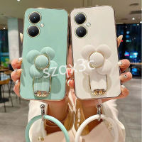 เคสโทรศัพท์แฟชั่นใหม่สำหรับ VIVO Y78 Y77 Y02T Y02A Y27 5G 4G 2023ชุบโทรศัพท์เคสอัลตราสลิมฝาครอบป้องกันเลนส์พร้อมตัวยึดดอกไม้หมุนได้ + สร้อยข้อมือปลอกซิลิโคน VIVOY27