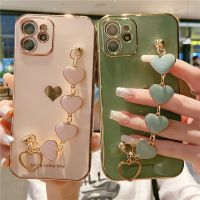 {Haojia เคสโทรศัพท์} เคสโทรศัพท์รักเคสโทรศัพท์รูปหัวใจไฟฟ้าสำหรับ iPhone 11 12 13 14 Pro Max XS XR 7 Plus ฝาหลังโซ่สายรัดข้อมือกันกระแทก