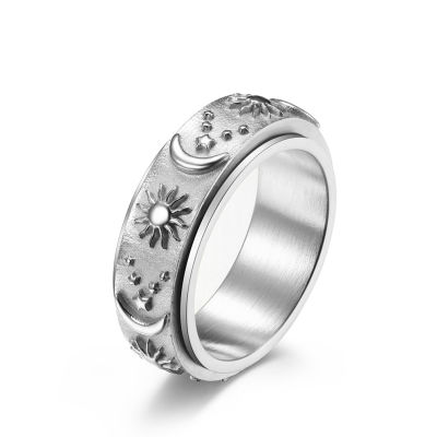 [COD] Star Moon Sun แหวนแหวนเหล็กไทเทเนียมหมุนได้แหวนบีบอัดสไตล์โบฮีเมียนเครื่องประดับมือ