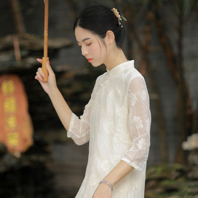 Qingshuzhai 2022ย้อนยุควรรณกรรมกลางความยาวชุดยืนคอลูกไม้สไตล์แห่งชาติวรรณกรรมกระโปรงยาวผู้หญิง