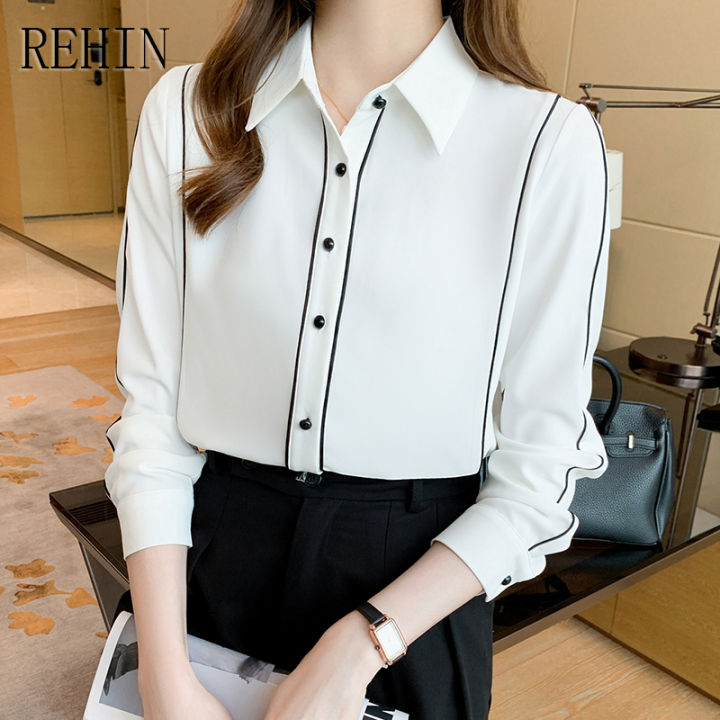 rehin-เสื้อแขนยาวผ้าชีฟองผู้หญิง-เสื้อสีขาวดีไซน์หรูหราธุรกิจแฟชั่นใหม่ฤดูใบไม้ผลิ