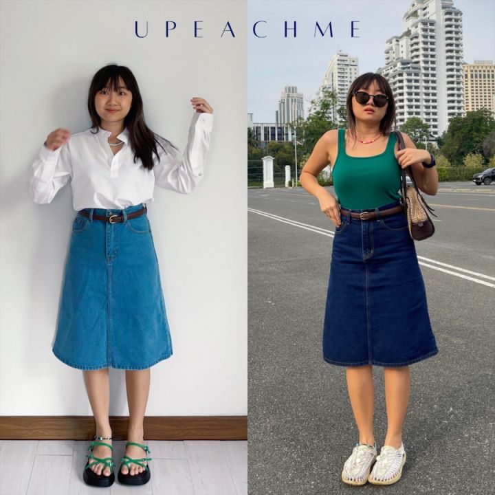 seoul-jean-skirt-i-กระโปรงยีนส์ยาว-กระโปรงยีนส์ผ่าหน้า-กระโปรงยีนส์มินิมอลสไตล์เกาหลี-กระโปรงยีนส์ยาวคลุมเข่า