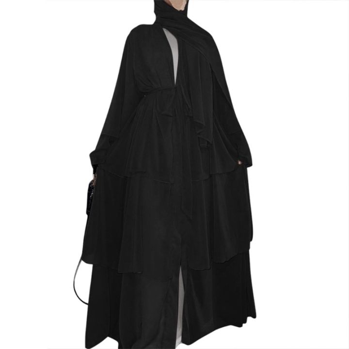 ผู้หญิงมุสลิมแขนยาว3ชั้น-flowy-maxi-ชุดชีฟองชั้น-abaya-kaftan-เสื้อคลุมด้วยเข็มขัดเร้าใจอิสลามชุด