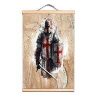 1ชิ้น Vintage Knights Templar ผ้าใบพิมพ์เลื่อนภาพวาดโบราณ Christ Warrior โปสเตอร์ผนังไม้แกนสำหรับตกแต่งบ้าน