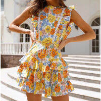 Summer Print O Neck Backless Sexy Dress Ruffled Tie Hippie Mini Dress Bohemian Resort Beach Casual Party Ladies Dresses Vestido