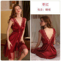 Spot parcel post Ruo nd Sexy Nightdress Mesh Lace V Collar Backless Satin Casual Slip Nightdress Loungewear Suit 2535