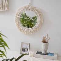 Macrame Hanging Wall Mirror with Boho Fringe Round Decorative Mirror for Apartment Bedroom Living Room Home Decor