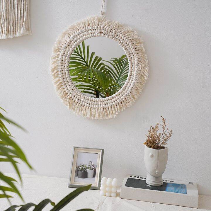 Macrame Hanging Wall Mirror with Boho Fringe Round Decorative ...